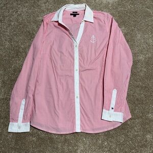 Women Pink Stripe Button-Down Shirt with White Trim